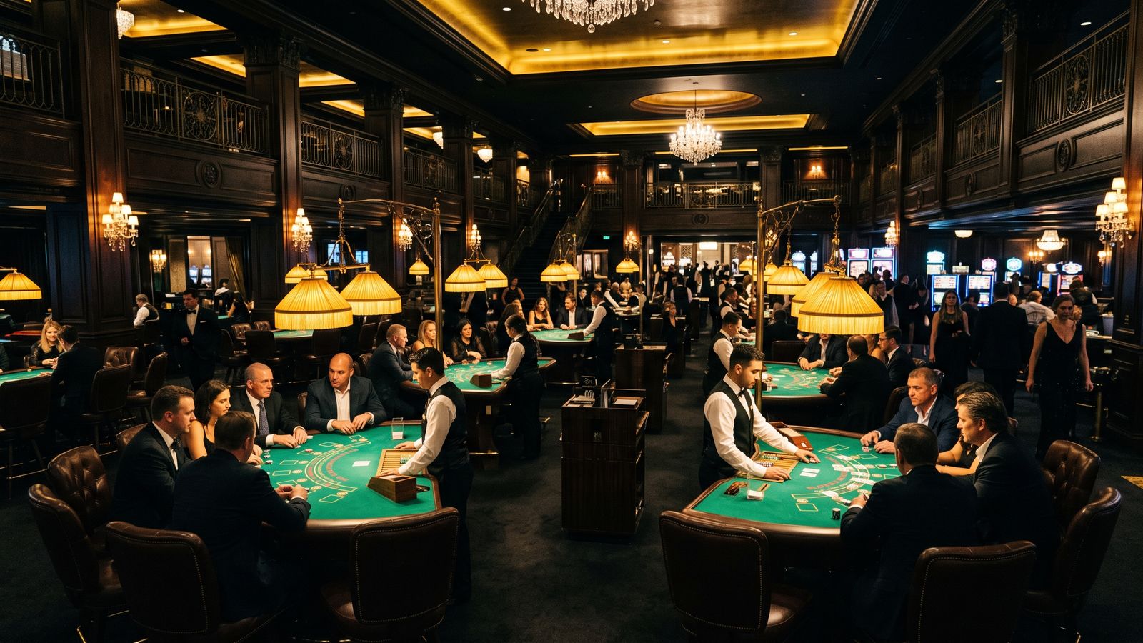 Brede casinovloer met speeltafels en gouden verlichting