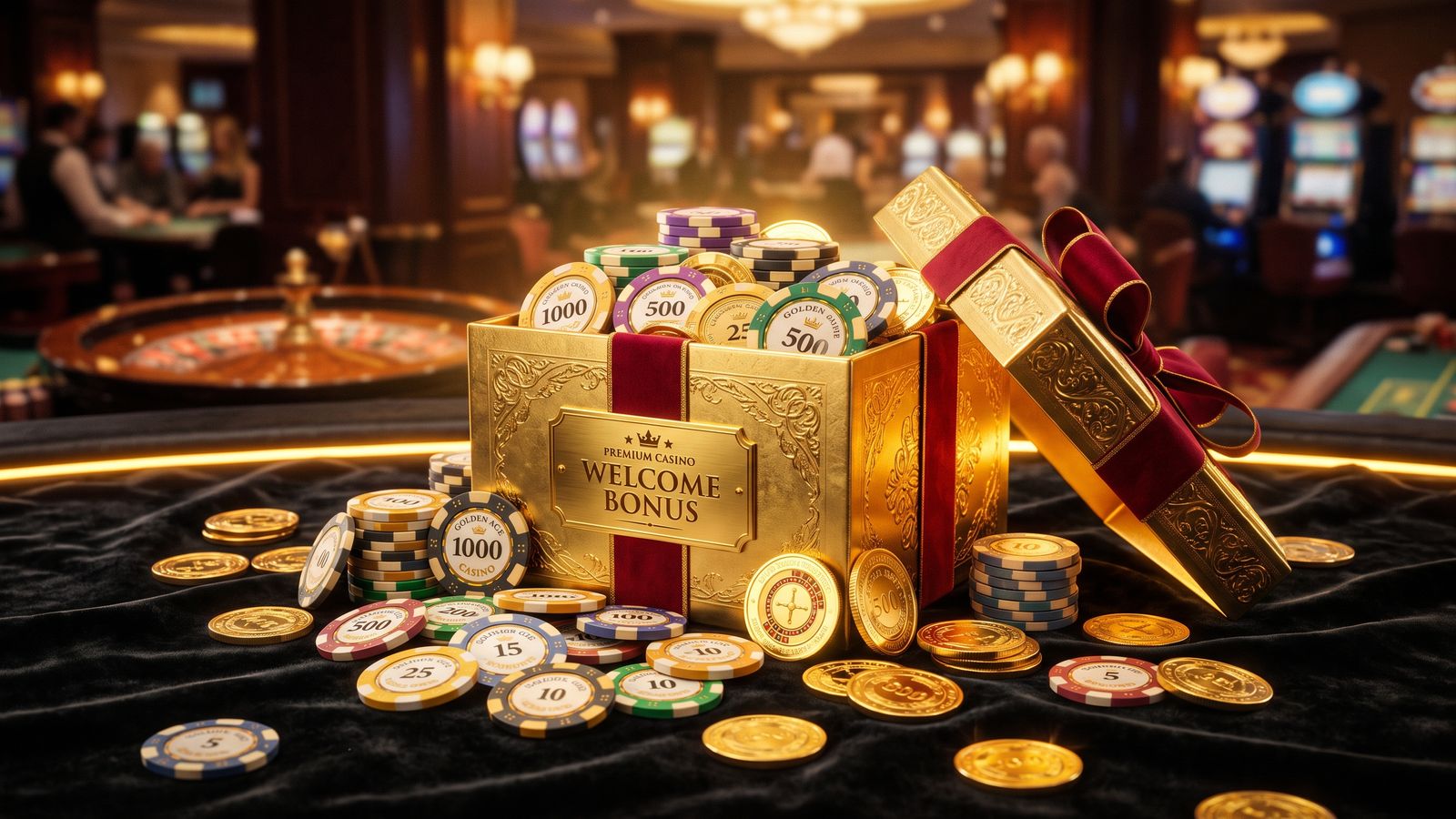 Gouden cadeaubox met casinofiches en munten