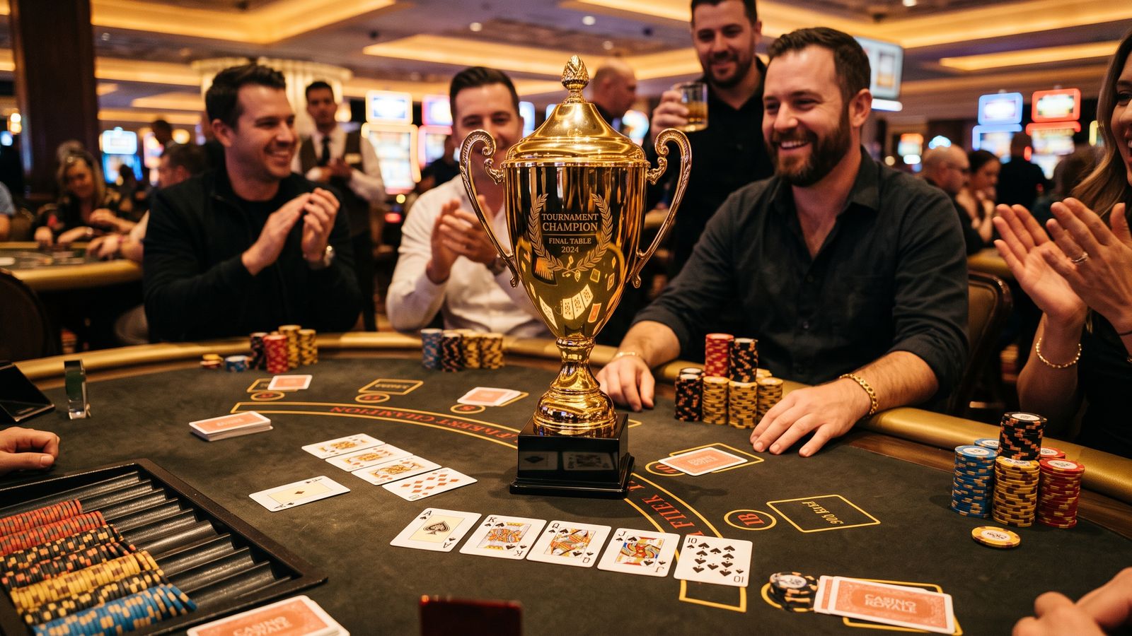 Gouden trofee en speelkaarten op casinotafel