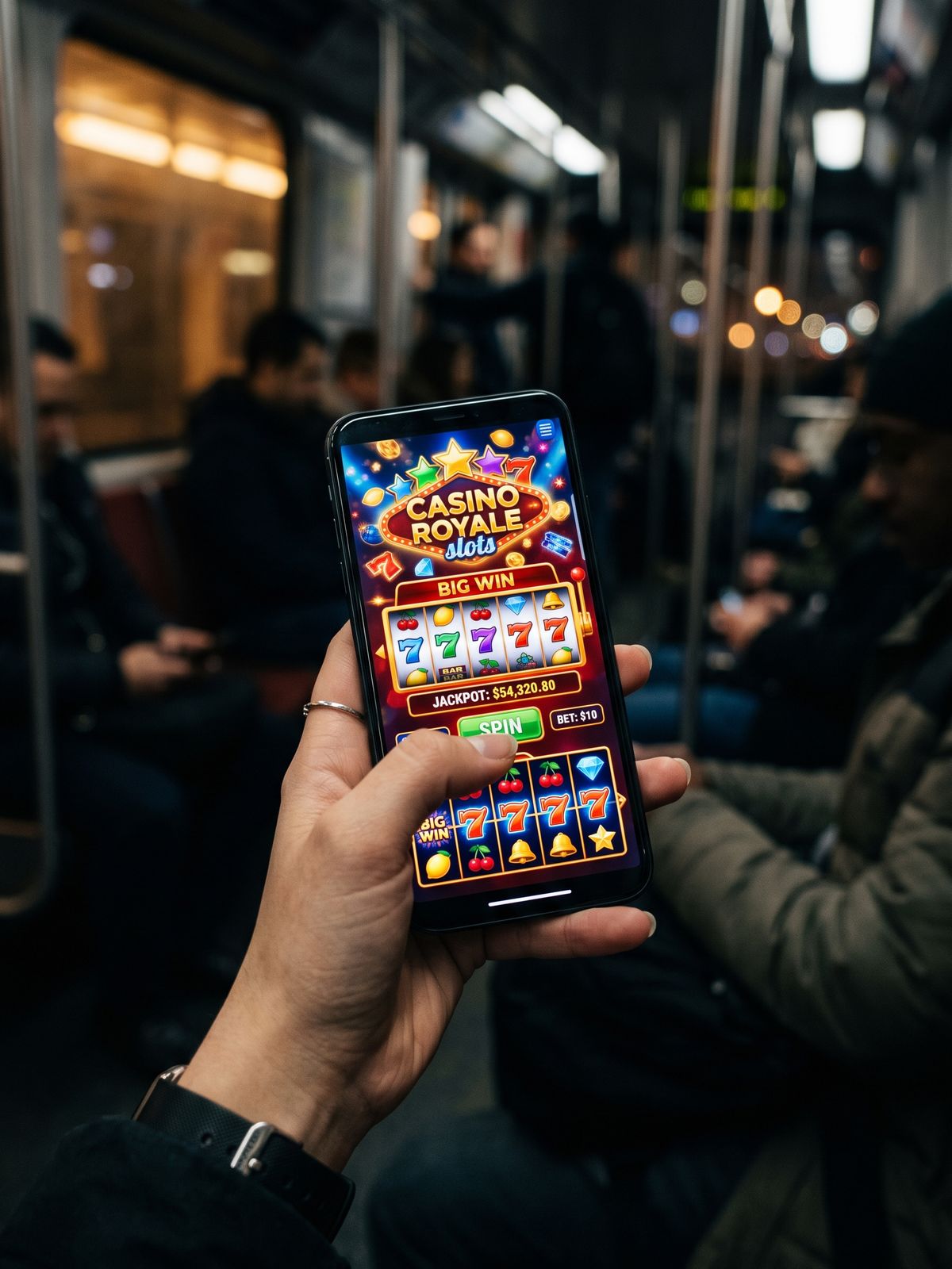 Hand met smartphone waarop een Winzoria gokkast draait